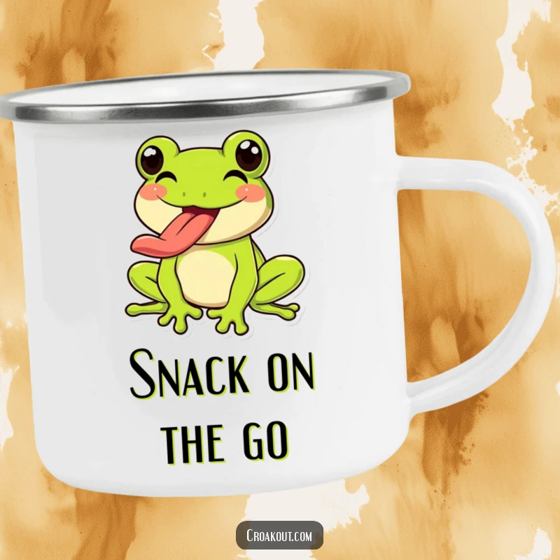 Funny Frog Camping Mug: A happy frog character exuberantly sticking out its long tongue, perfect for enjoying drinks outdoors.