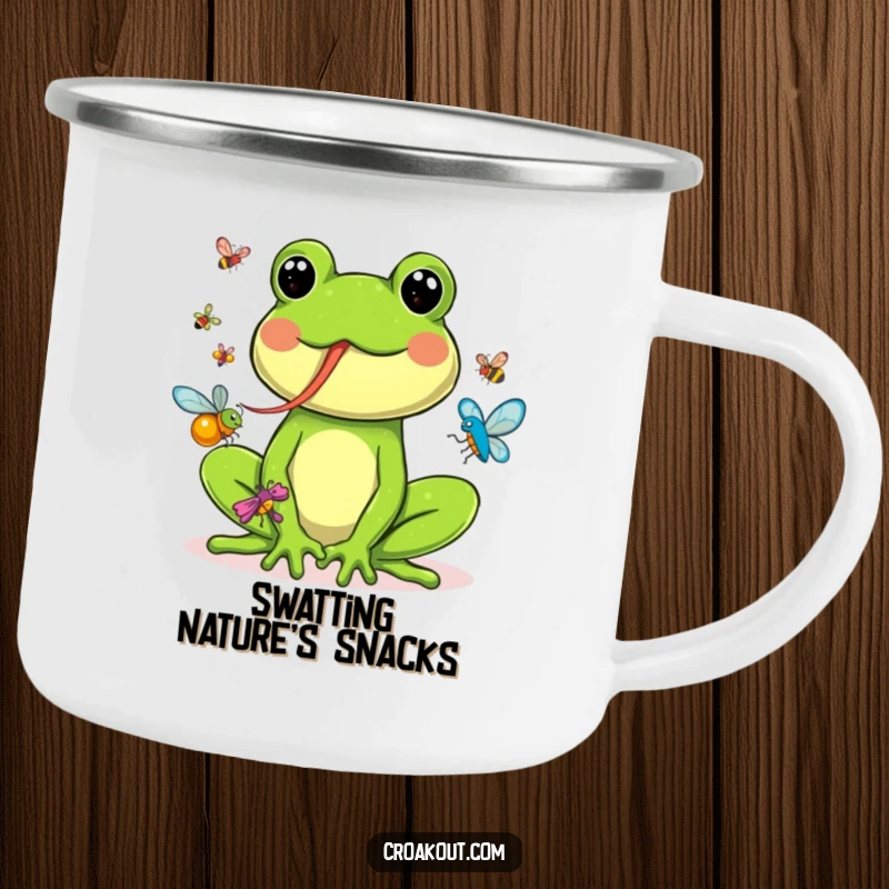 Funny camping mug illustration of an excited frog with a long tongue catching colorful bugs, perfect for outdoor fun.