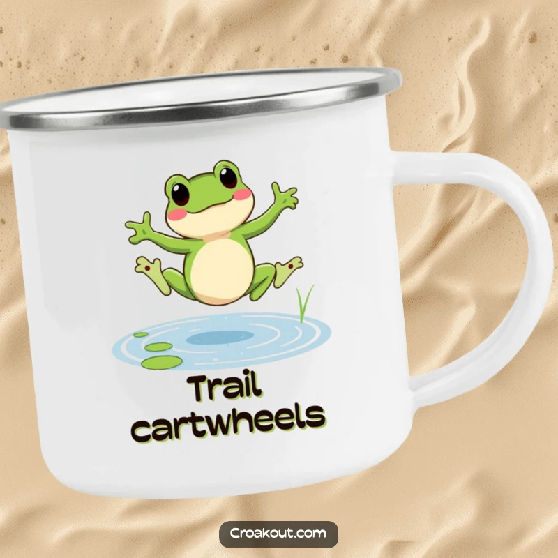 Funny frog camping mug with a cheerful amphibian doing a cartwheel in a pond, a humorous and durable cup for adventures.