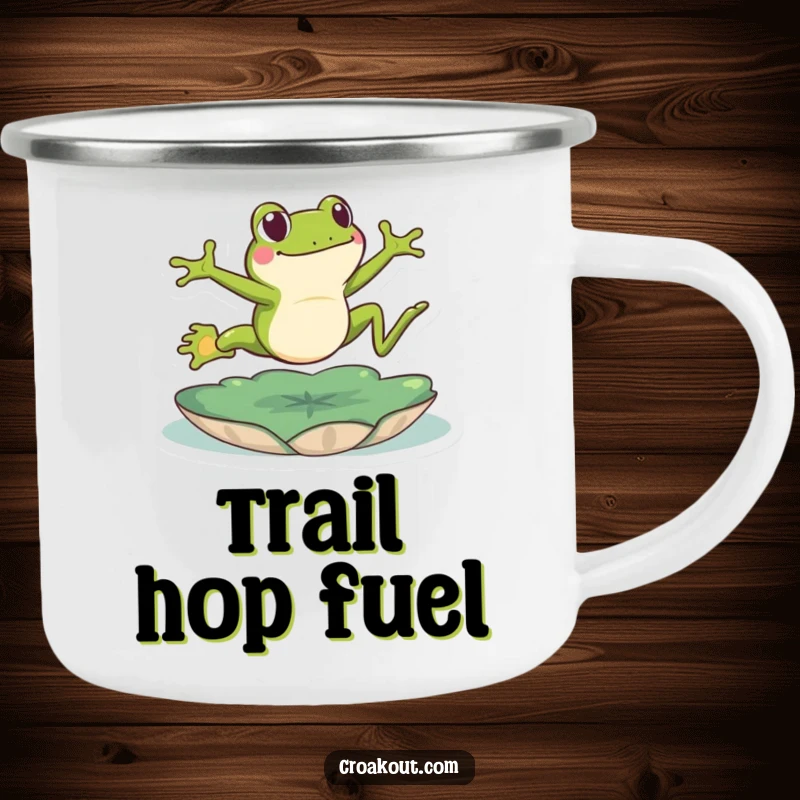Funny frog camping mug with an energetic green amphibian leaping over a lily pad, a humorous and durable cup for outdoor enthusiasts.