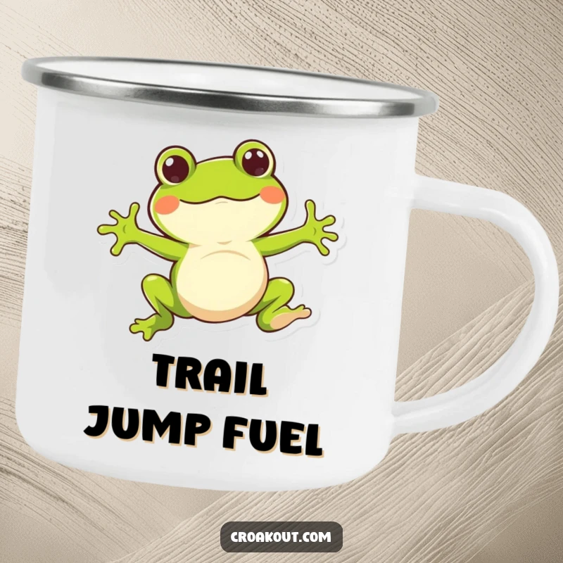 Funny camping mug featuring a whimsical frog character doing a bouncy jump, ideal for outdoor adventures and embracing playful energy.