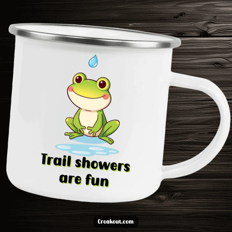 Funny kawaii frog with a goofy grin catching a raindrop, on a rugged camping mug for humorous outdoor experiences.