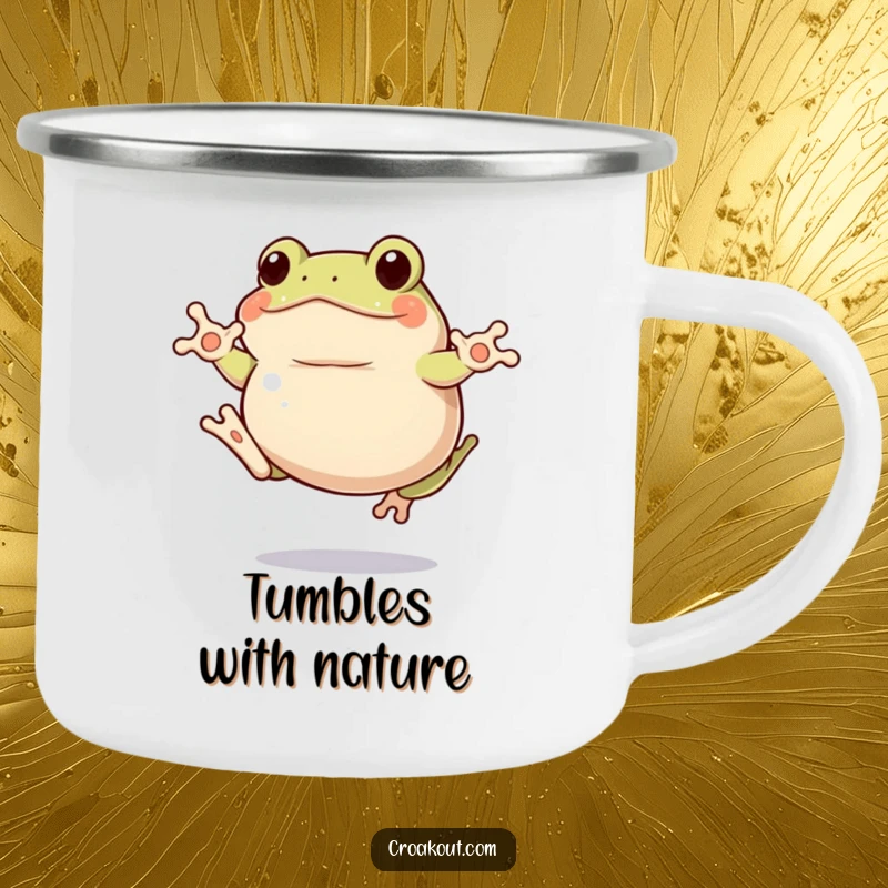 Funny clumsy frog camping mug showing a plump amphibian mid-jump with comical awkwardness, an adventurous funny gift.