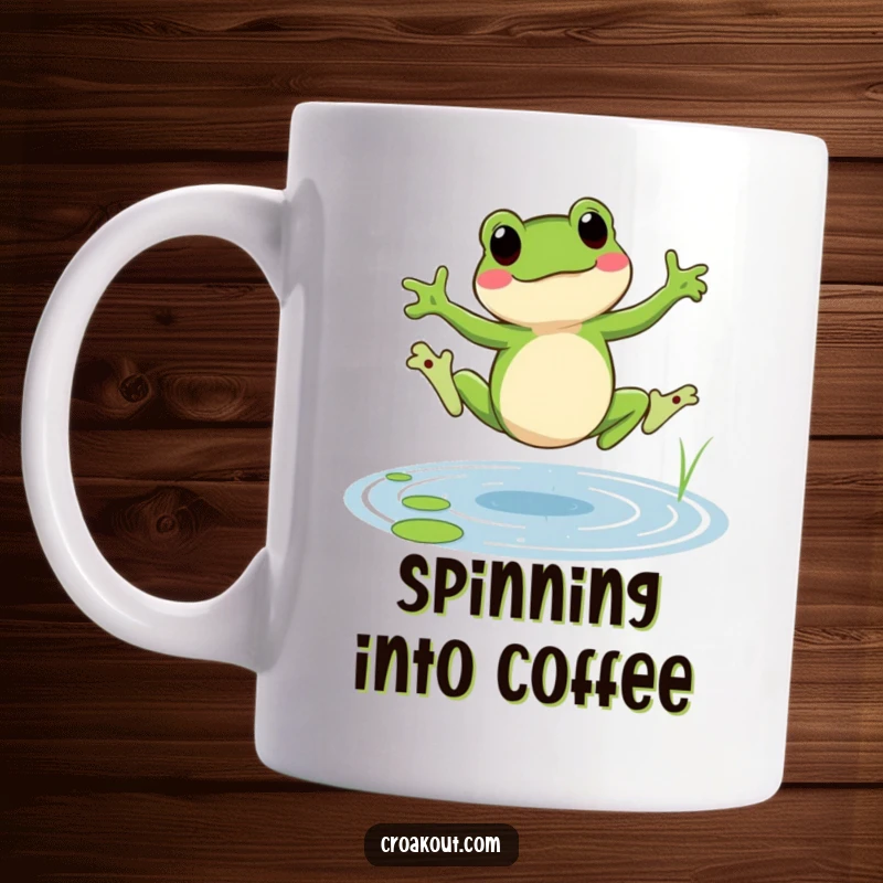 Funny frog mug showing a cheerful amphibian doing a cartwheel in a pond, a humorous depiction of active fun.