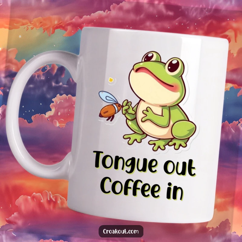 Funny frog mug showing a small amphibian excitedly catching a fly with its long tongue, a humorous depiction of a quick snack.