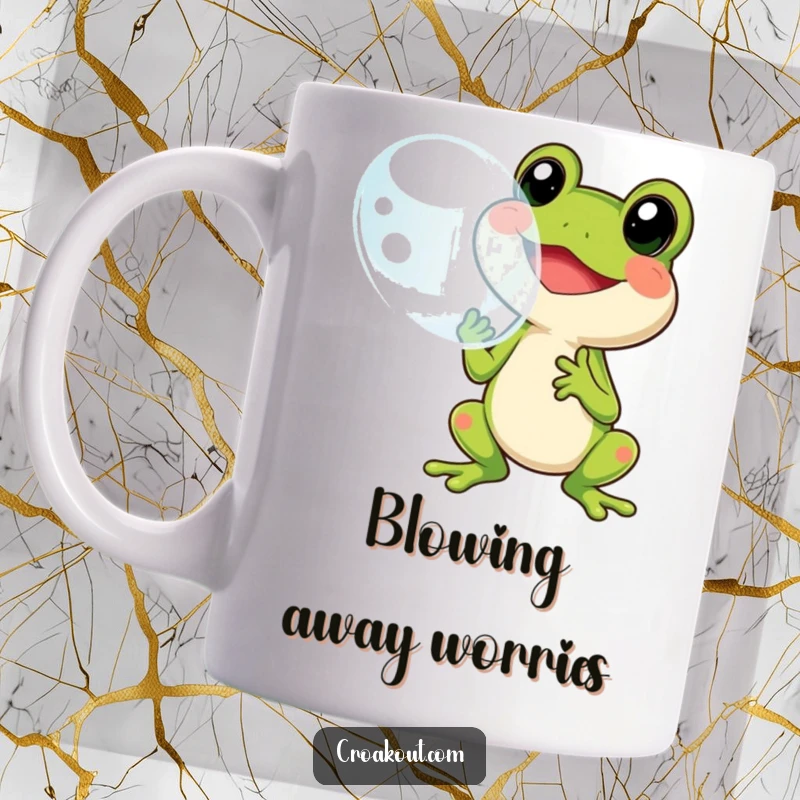 Funny mug featuring a cheerful frog character joyfully blowing a massive, iridescent bubble, symbolizing carefree fun and happiness.