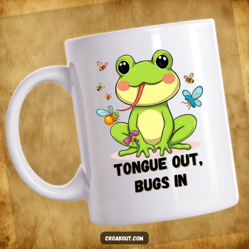 Funny frog mug with a long tongue enthusiastically catching colorful flying bugs, showcasing its playful and hungry nature.