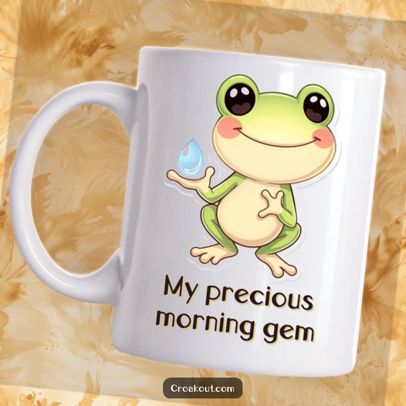 Funny Frog Mug: A happy frog cupping a large, sparkling dewdrop in its hands, with a look of absolute glee and wonder.