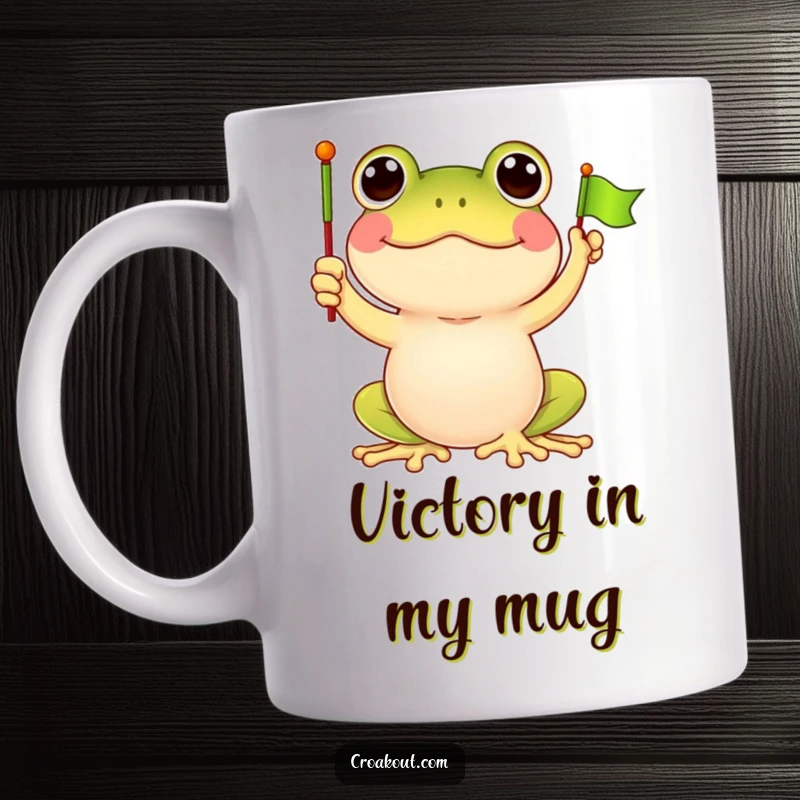 Funny frog mug featuring a delighted frog character enthusiastically waving a small green flag, embodying pure joy and celebratory cheer.