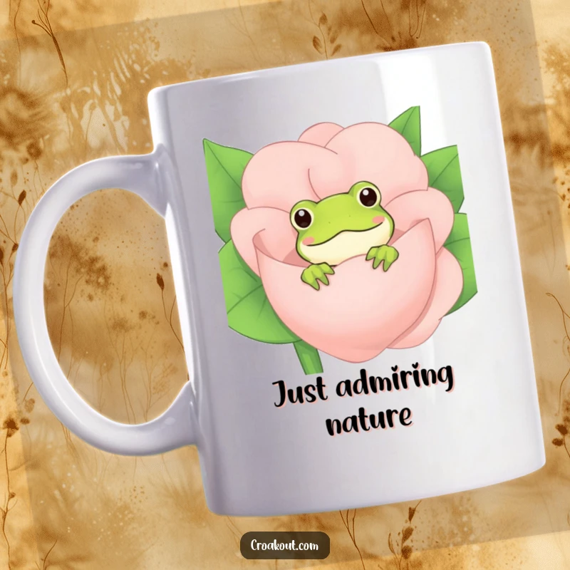 Funny Frog Mug: A cute frog peeking shyly from behind a large, colorful flower blossom, with a playful and curious expression.