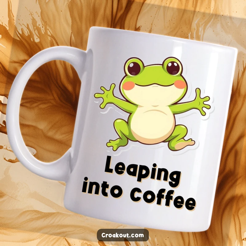 Funny mug with a whimsical frog character doing a bouncy jump, radiating joy, energy, and playful movement.