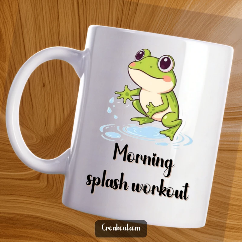 Funny Frog Mug: An energetic frog mid-leap, playing leapfrog over tiny, glistening water droplets, conveying pure joy and playfulness.