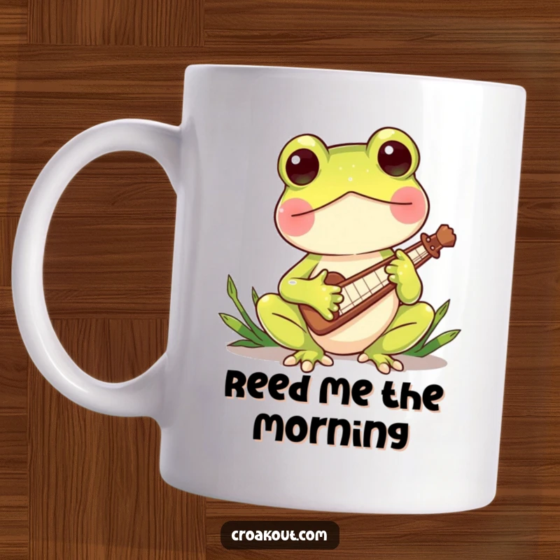 Funny mug with a charming frog character playing a miniature reed instrument, exuding musical talent and a whimsical charm.