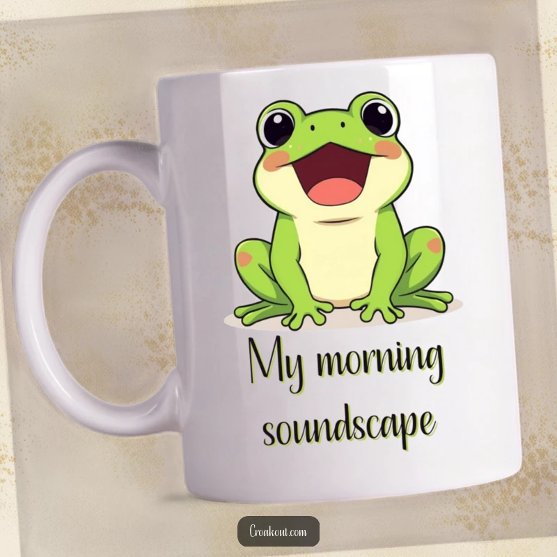 Funny mug featuring a cute kawaii frog character happily croaking very loudly, with musical notes surrounding it, vibrant green.