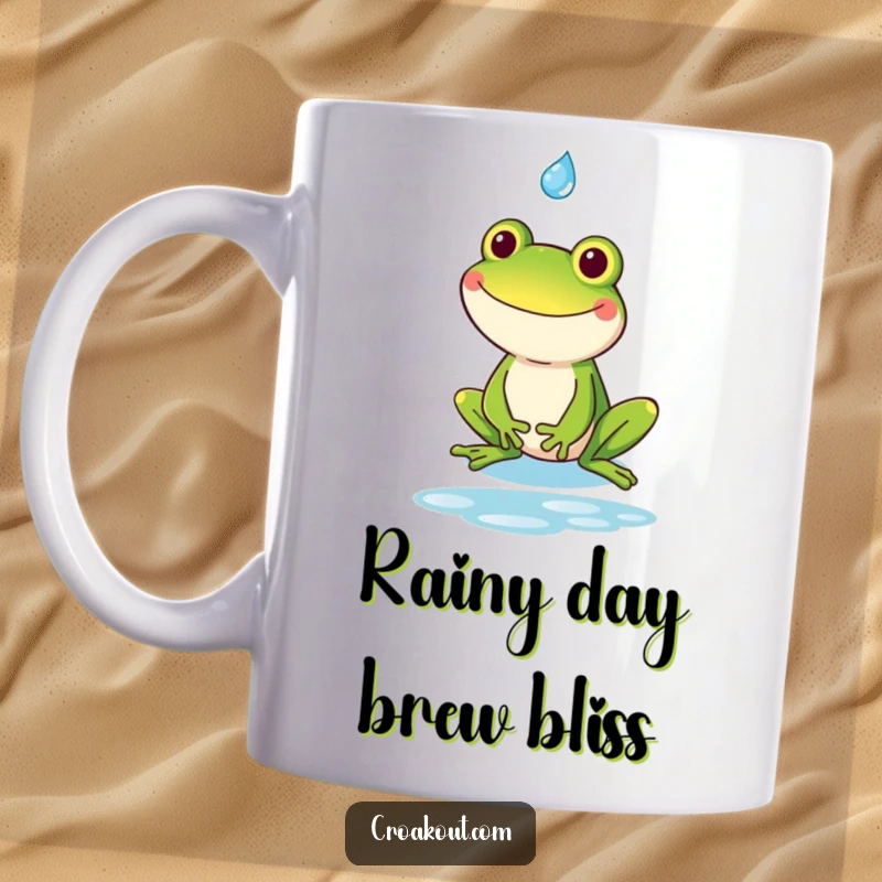 Funny kawaii frog with a huge, goofy grin happily catching a single raindrop, on a mug that brings cheer.