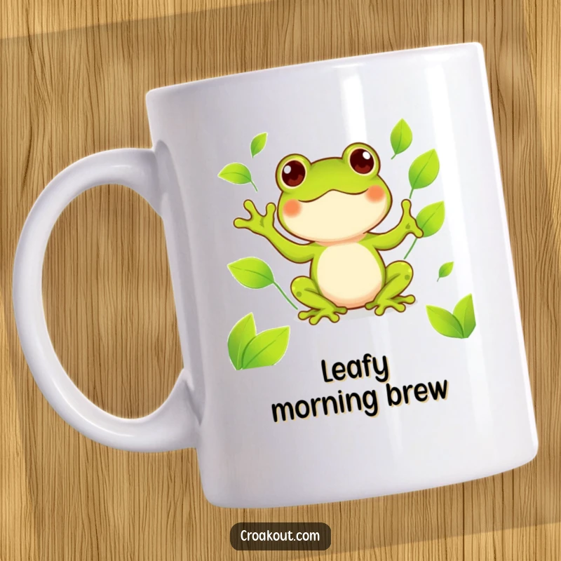 Funny kawaii frog mug showing a cute amphibian happily juggling bright green leaves, a cheerful and humorous design.