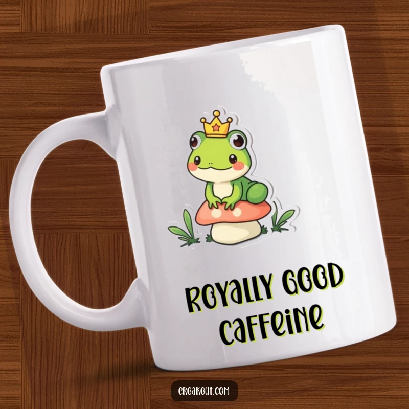 Funny frog mug showing a small amphibian wearing a tiny crown, sitting regally on a mushroom, a humorous royal design.
