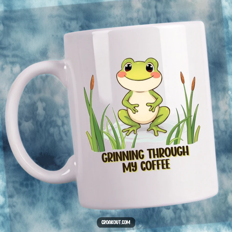 Funny frog mug with a beaming character wading happily through tall green reeds, conveying pure joy and contentment.