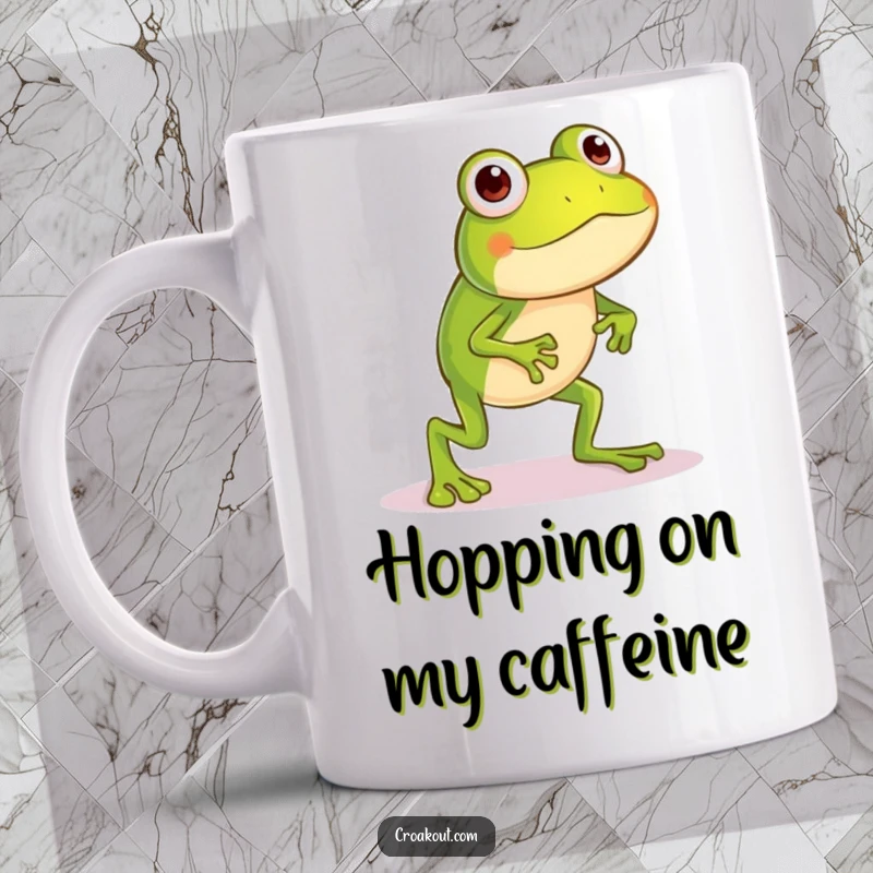 Funny frog mug showing a small character with comically long legs attempting a silly, awkward hop, full of humorous effort.