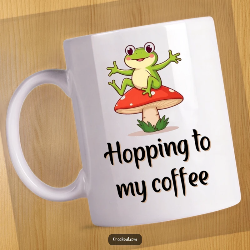 Funny mug showing a frog character joyfully dancing on a wobbly mushroom, embodying pure, humorous silliness.