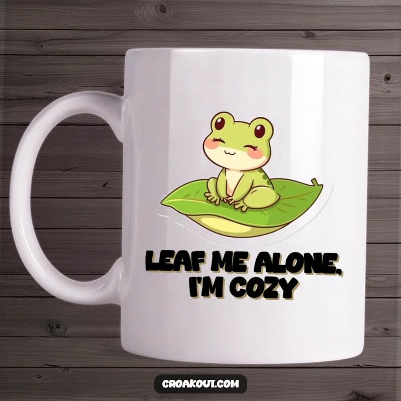 Funny kawaii frog winking cheekily while relaxing on a floating leaf, perfect for a cute and humorous mug.