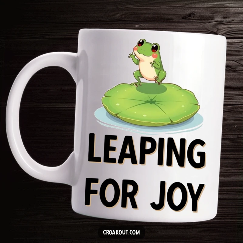 Funny mug showcasing a tiny, happy frog character leaping gracefully onto a large, inviting lily pad, full of delight.