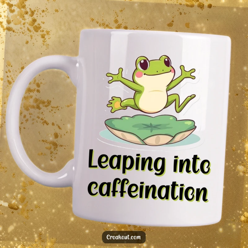 Funny frog mug with a green amphibian leaping high over a lily pad, showcasing energy and joy in a humorous design.