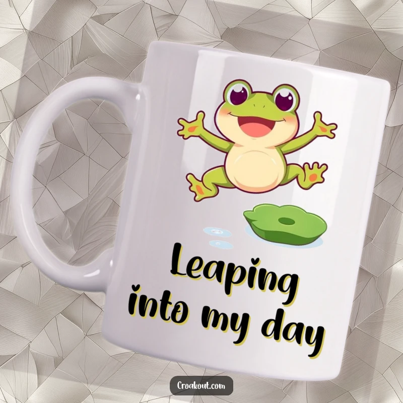 Funny frog mug showing a happy amphibian mid-air, leaping over a lily pad with excitement and clumsy grace, a perfect funny gift.