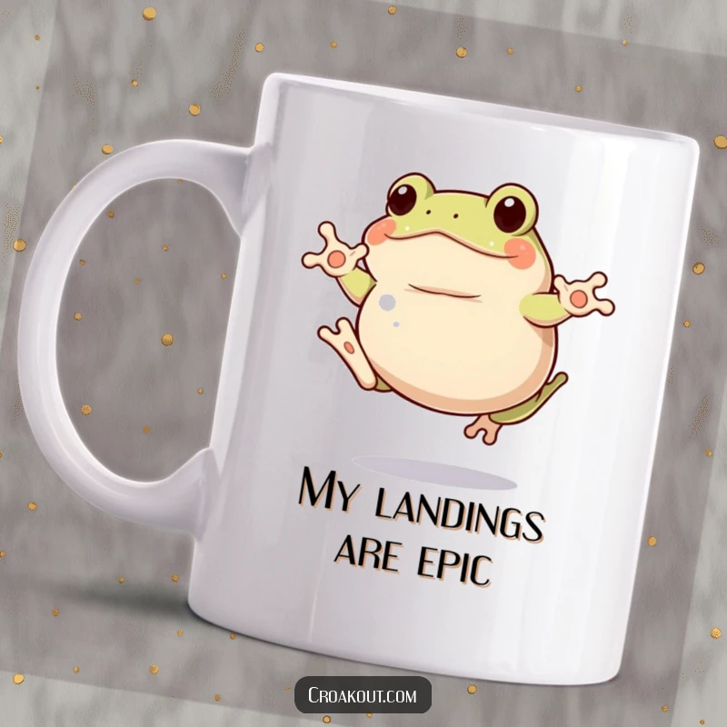 Funny clumsy frog mug showing a plump amphibian mid-air, attempting a jump with hilarious awkwardness, a perfect funny gift.