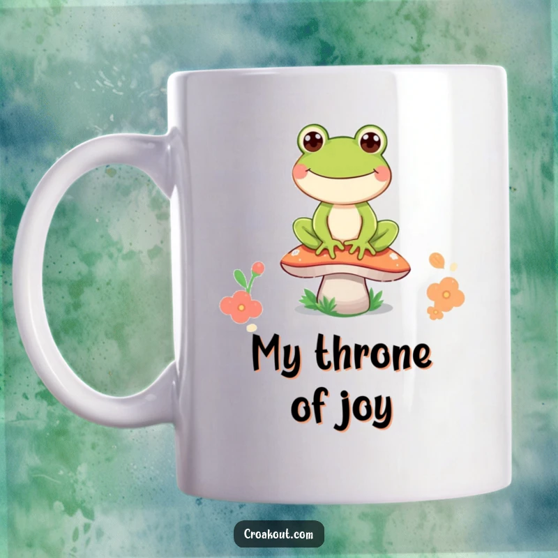 Funny frog mug featuring a beaming frog character joyfully perched atop a vibrant mushroom, radiating pure happiness and whimsical delight.