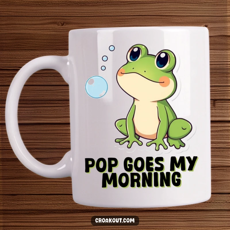Funny mug showing a frog character with wide eyes and open mouth, shocked as a small bubble pops nearby.
