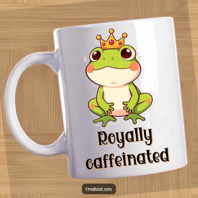 Funny mug featuring a frog wearing a tiny, golden crown, looking down with an amused and regal expression.