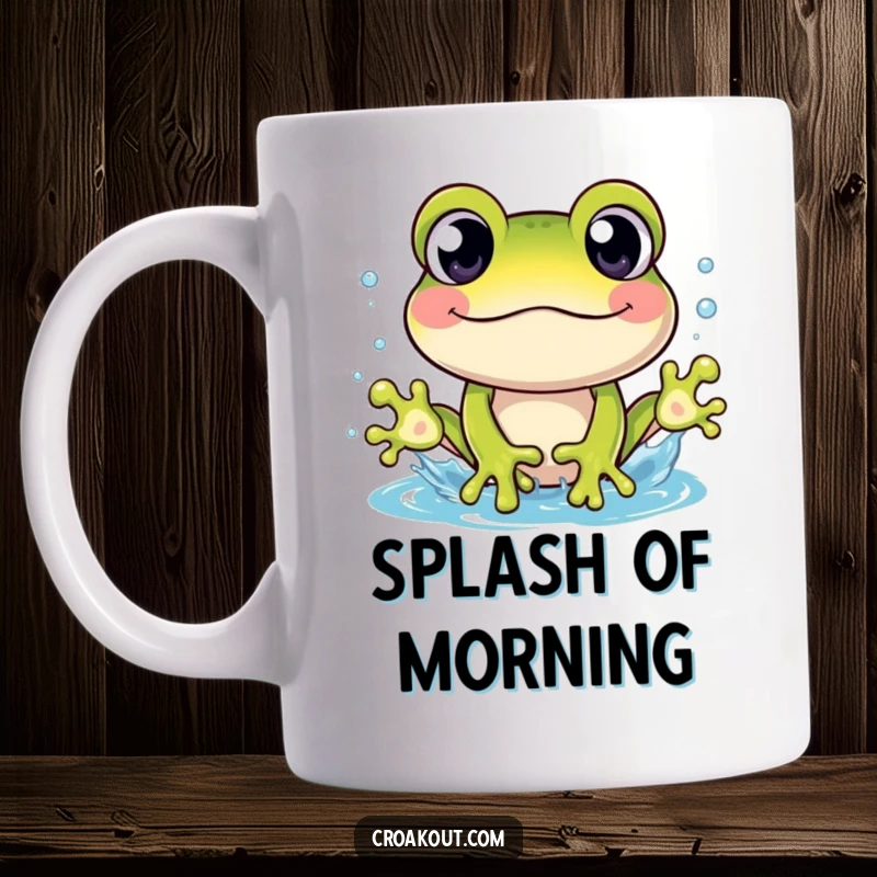 Funny mug showing a cheerful frog character with wide, surprised eyes, creating a dramatic splash, embodying playful shock.