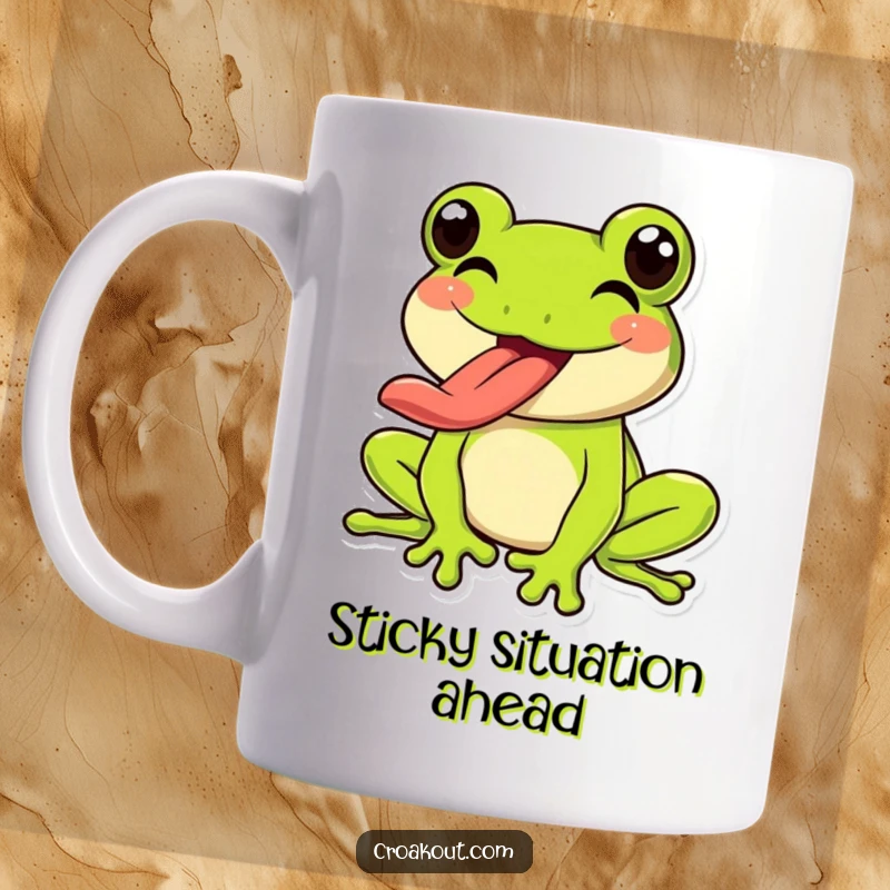 Funny Frog Mug: A happy frog character exuberantly sticking out its long tongue, showcasing a playful and silly expression.