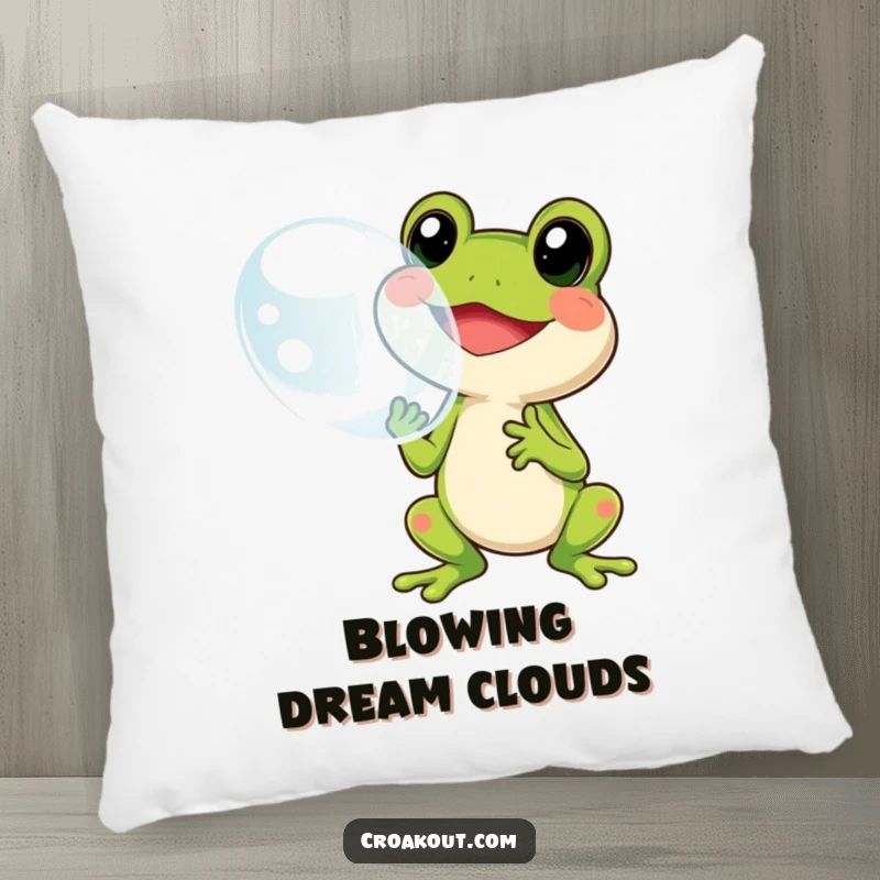 Funny frog bubble pillow featuring a cheerful character blowing a giant bubble, offering cozy comfort and a touch of playful whimsy.