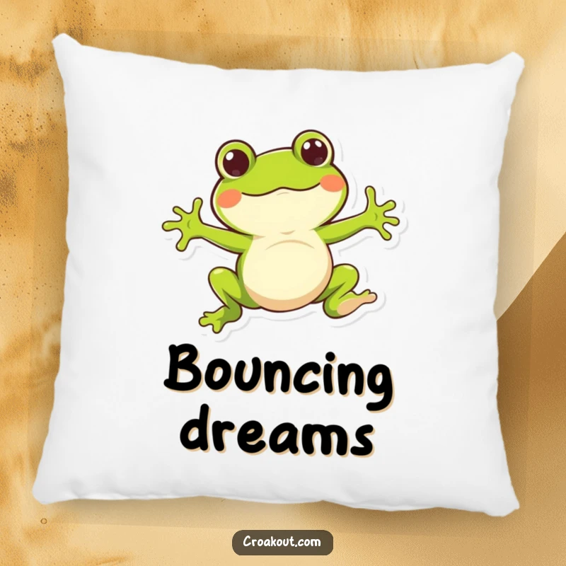 Funny pillow with a whimsical frog character in a bouncy jump, offering comfort and a playful, energetic aesthetic.