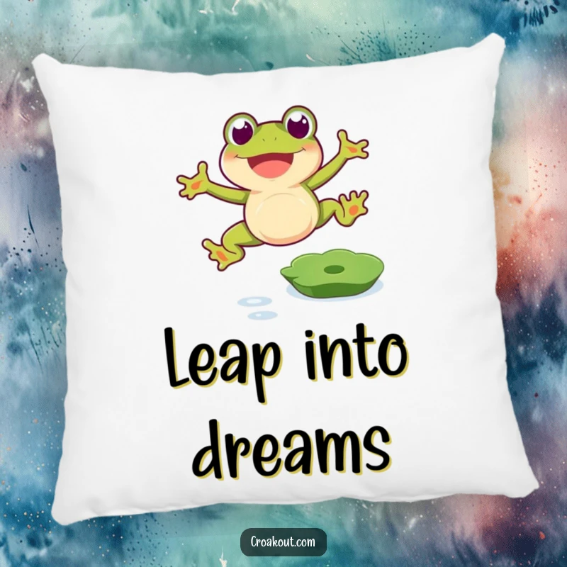 Funny frog pillow showing a joyful amphibian mid-leap over a lily pad, a comfortable funny gift.