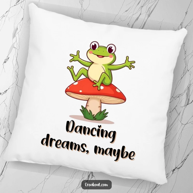 Funny pillow with a frog character dancing on a wobbly mushroom, adding soft, humorous woodland charm.