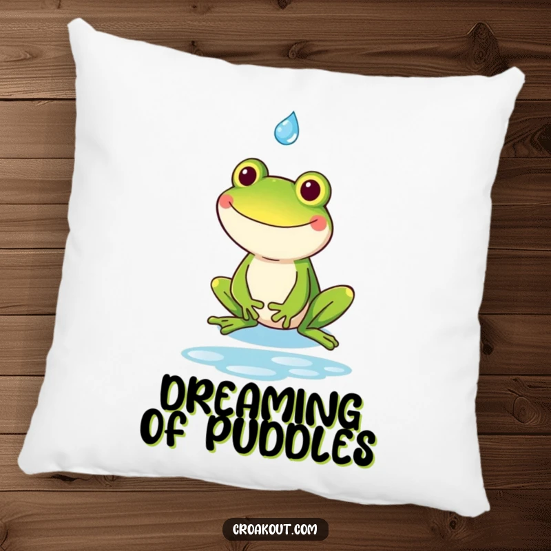 Funny kawaii frog with a goofy grin catching a raindrop, featured on a soft and humorous decorative pillow.