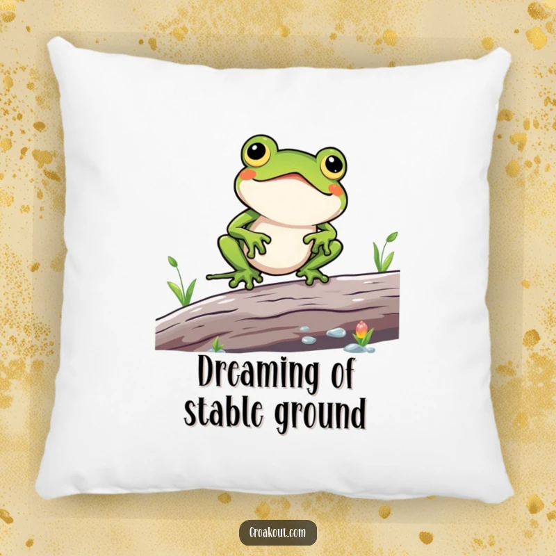 Funny pillow with a kawaii frog character comically struggling to balance on a log, soft and comfortable, ideal for adding balance humor to decor.