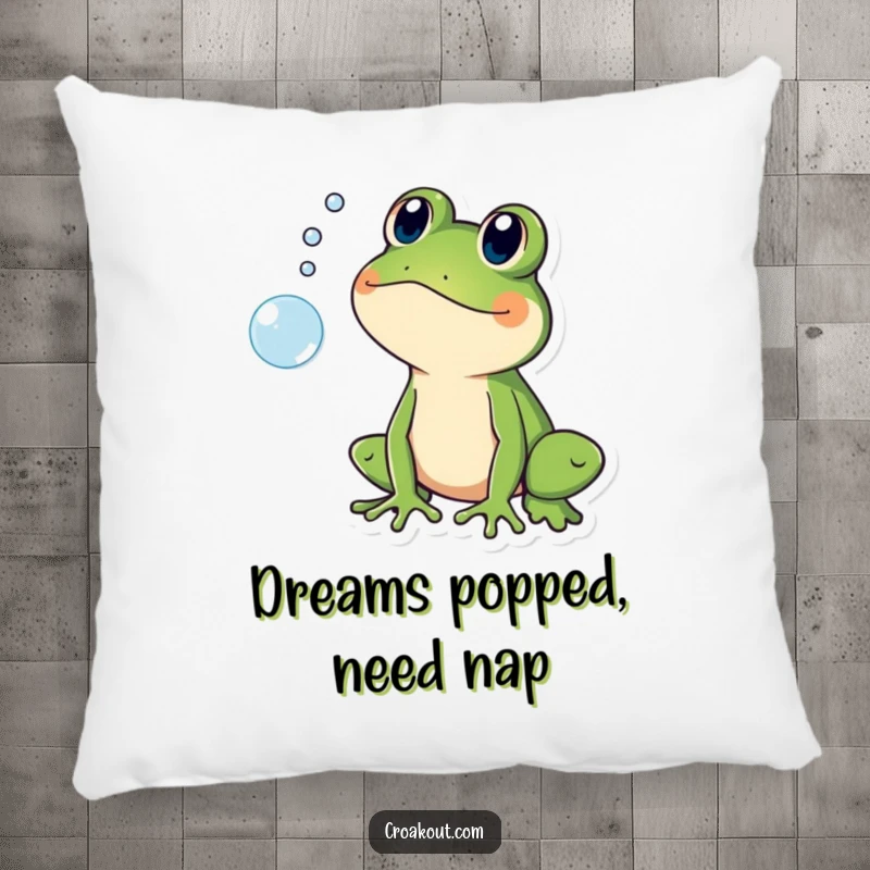 Funny pillow with a frog character looking shocked by a popping bubble, adding soft, humorous surprise.