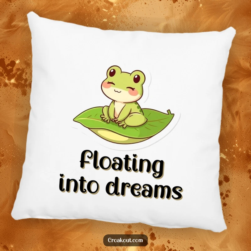 Funny kawaii frog winking on a leaf, featured on a soft and decorative pillow for a touch of humorous comfort.