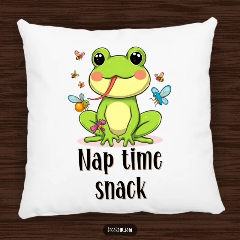 Funny pillow illustration of an excited frog using its long tongue to expertly catch a swarm of colorful bugs, full of life.