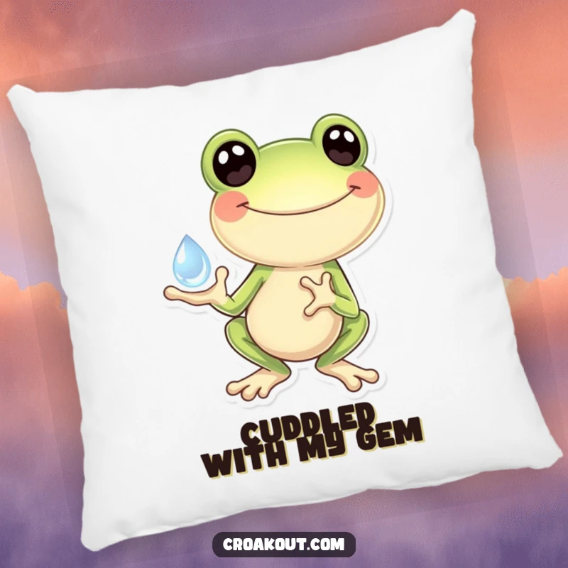 Funny Frog Pillow: A plush pillow featuring a frog joyfully holding a sparkling dewdrop, adding a touch of cheerful decor.
