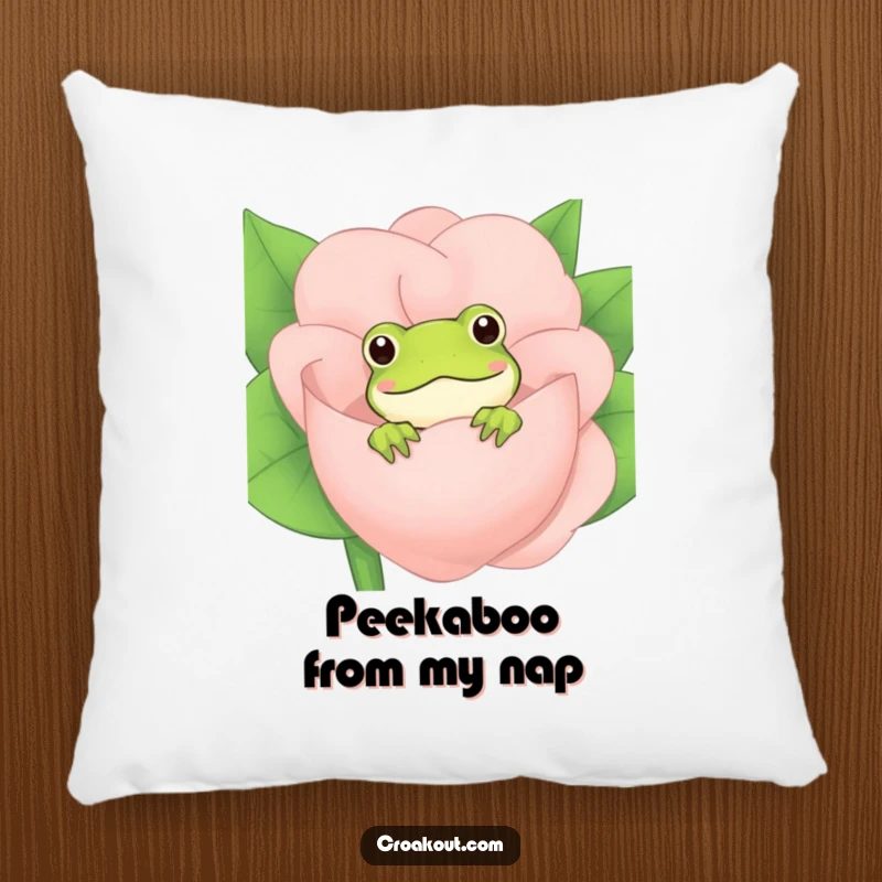 Funny Frog Pillow: A soft and comfy pillow showcasing an adorable frog peeking from behind a large, vibrant flower, adding cheerful decor.