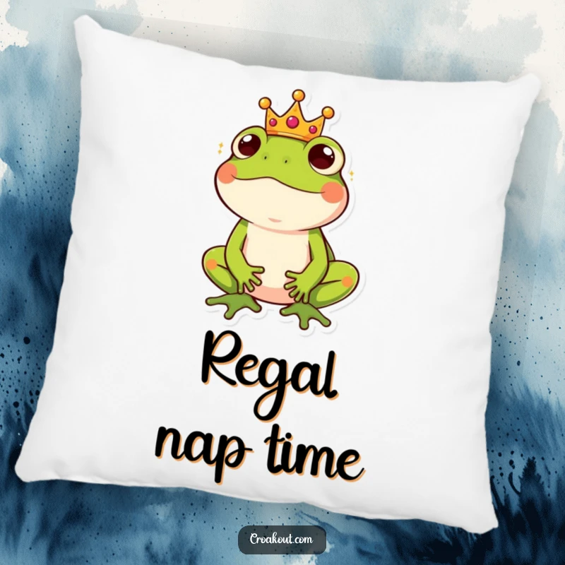 Funny pillow featuring a frog wearing a tiny crown, with an amused and regal expression, perfect for cozying up.