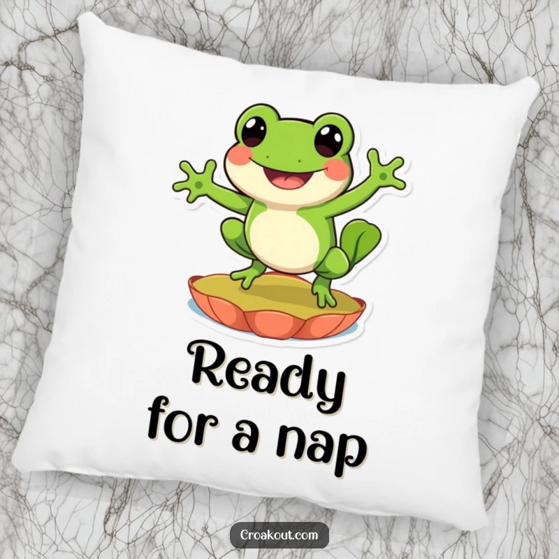 Funny pillow featuring a happy frog character caught in a joyful leap on a lily pad, offering comfort and a smile.