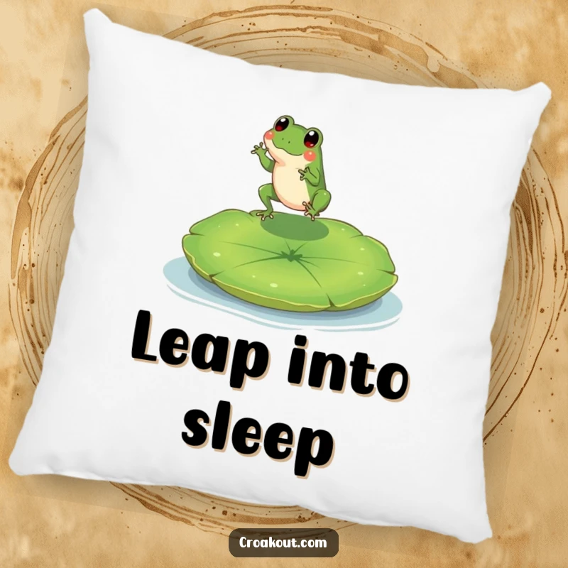Funny pillow with a tiny frog character happily leaping onto a large lily pad, adding a whimsical touch.