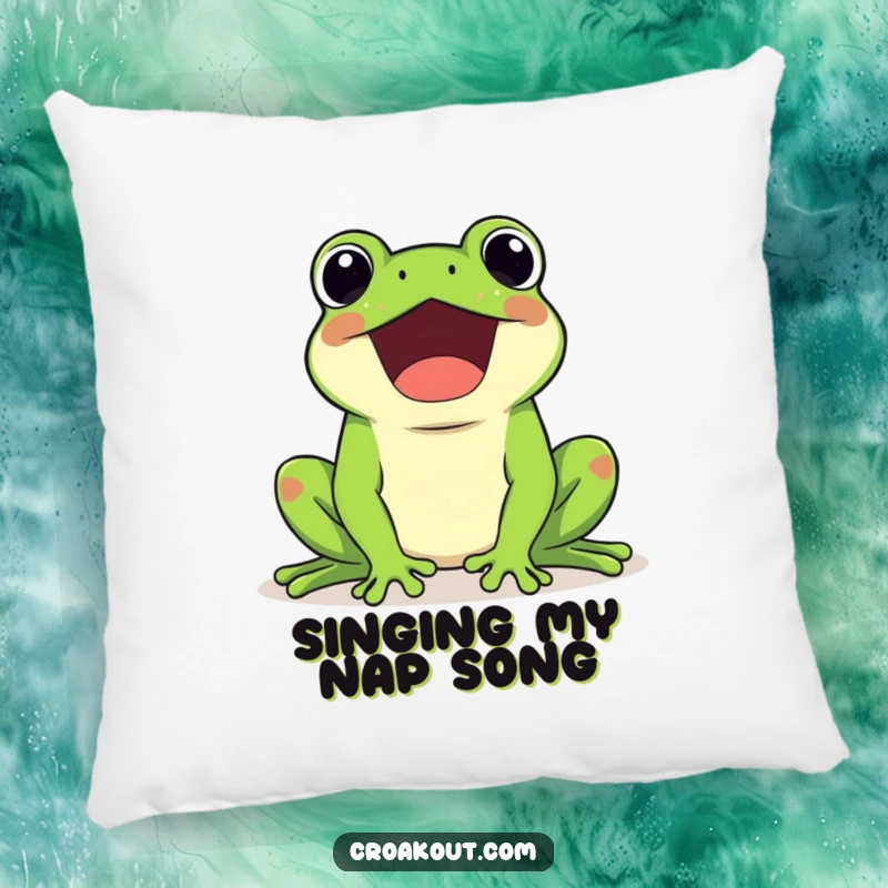 Funny pillow with a kawaii frog character happily croaking loudly, soft and comfortable, ideal for adding amphibian humor to decor.