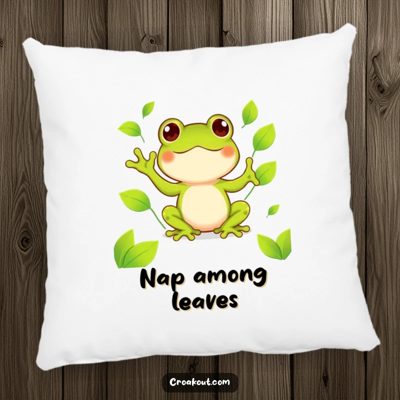 Funny kawaii frog pillow showing a cute amphibian happily juggling bright green leaves, a humorous and comforting decorative accessory.